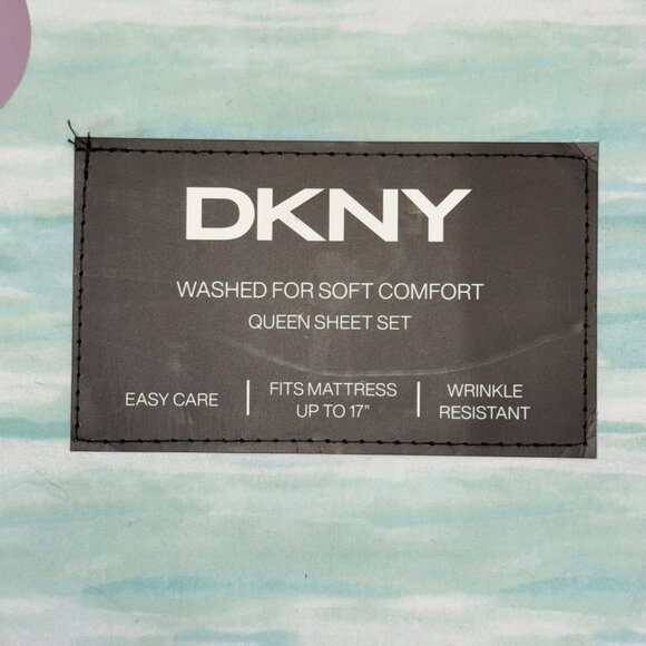 DKNY Queen Sheets Sheet Set Mint Green Aqua White Blue Tie Dye Wrinkle Resistant - Picture 2 of 5